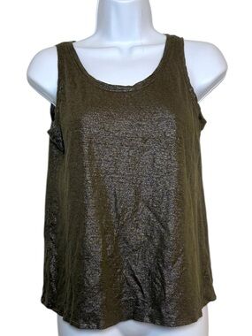 Eileen Fisher Olive Green Metallic Shimmer Scoop Neck Linen Tank Top Petite